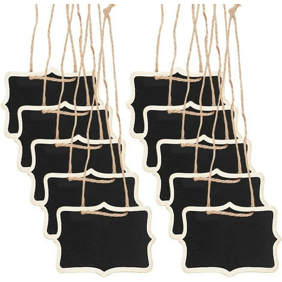 10Pcs Blank Wooden Mini Chalkboard Signs Hanging Chalkboard Labels with Hemp Rope Black 25cm Wood: 60x80x2mm