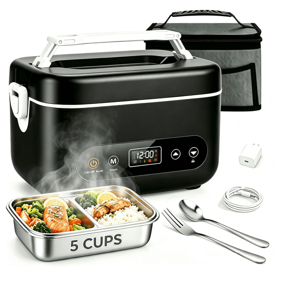 VONGEM Cordless Heated Lunch Box, 1.2L Portable Food Warmer with 24000mAh Battery, 5-Sided Heating & 12H Timer, Leak-Proof Electric Lunch Container for Office, Travel, Camping