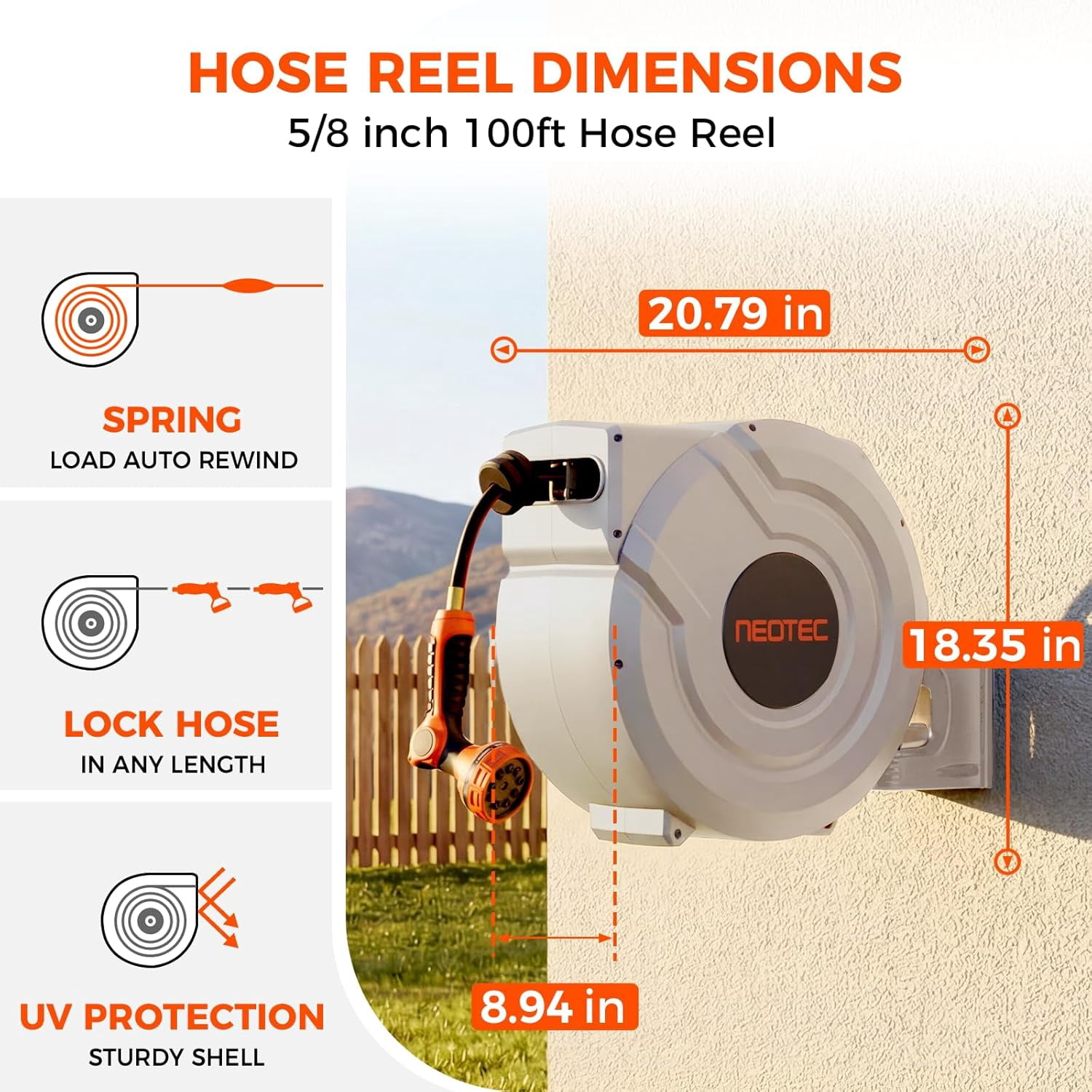 100ft 5/8 Inch Retractable Garden Hose Reel, Heavy Duty Wall Mounted with Slow Auto Rewind & Any-Length Lock – 9-Pattern Nozzle, 180° Swivel Bracket, UV Resistant for Outside Use