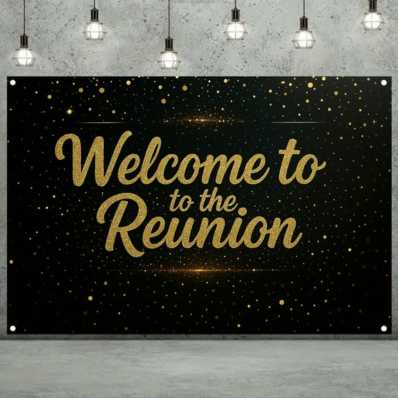 Sparkling Welcome to The Reunion Backdrop Black and Gold Class Reunion Photography Background Golden Glitter Dots Family Gathering Party Decorations Banner Supplies Photo Booth Props