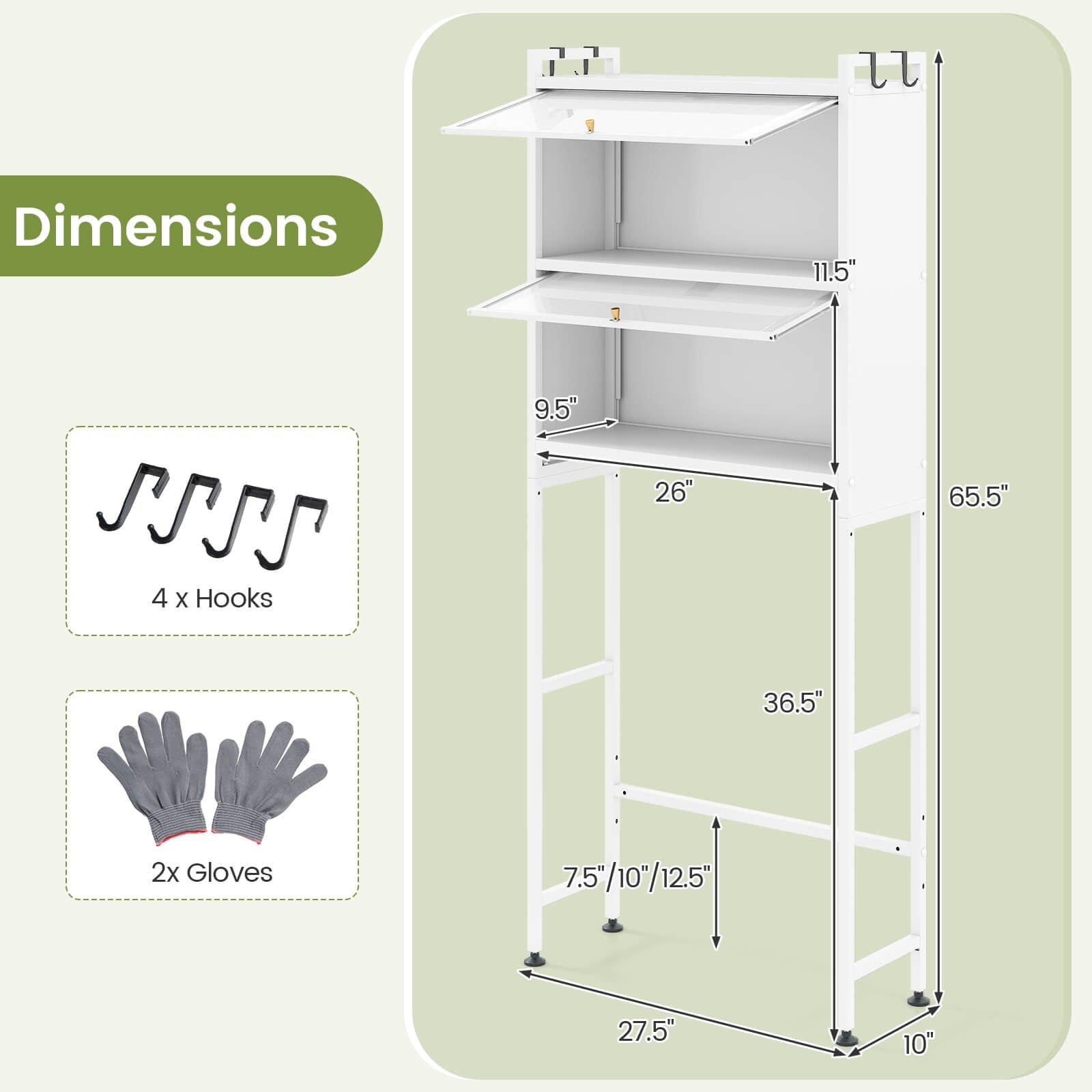 Costway 66” Bathroom Organizer with 2 Flip-up Cabinets, See-through Fluted Doors, 4 Hooks White