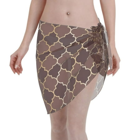 Qekee Brown Gold Grid Women s Short Sarongs Cover Ups Sheer Bikini Wraps for Swimwear