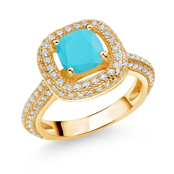 Gem Stone King 18K Yellow Gold Plated Silver Green Turquoise and White Moissanite Engagement Ring for Women (1.53 Cttw, Cushion 6MM, Gemstone, Size 5)