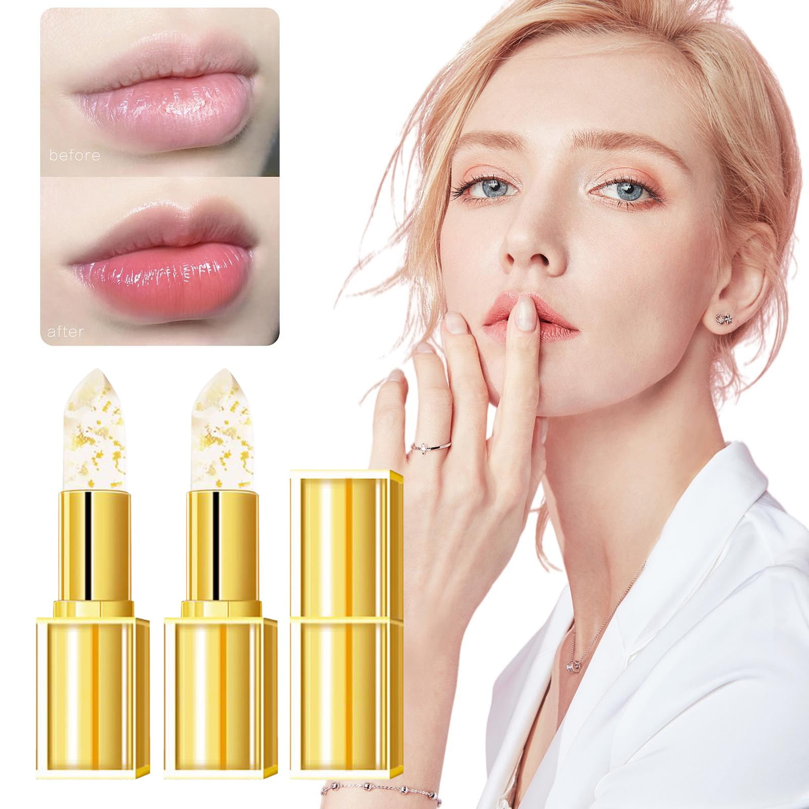 Mcolor 2 Pcs Transferproof Color Changing Lipstick, Imaginary Lip Gloss for Women, Gold Foil Crystal Ph Lipstick Color Changing Moisturizing Glossy Shine Lip Gloss