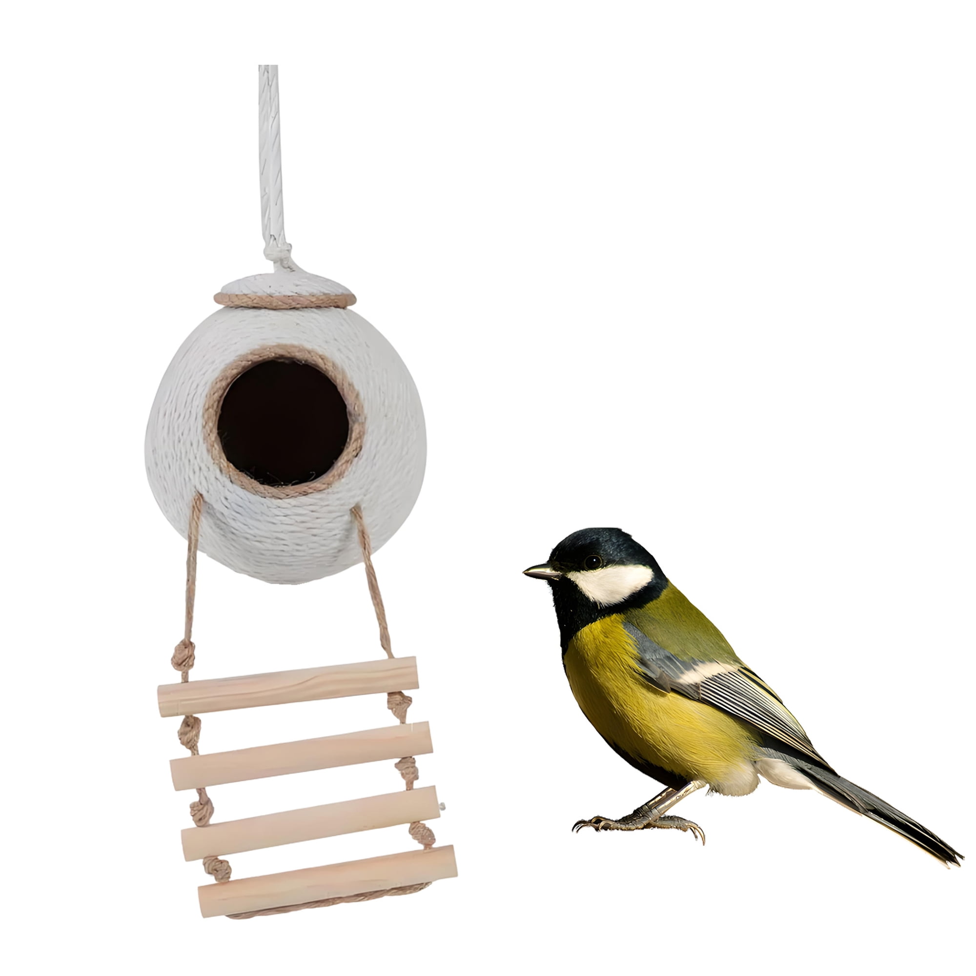 MISSMILE Hummingbird Swing,Wood Hemp Rope Patio Swing for Bird for Birds to Rest Exercise and Play,Coconut Shell Rattan Bird Nest Ladder Hummingbird Swings and Perches,White,2Xl,6.7×6.3"