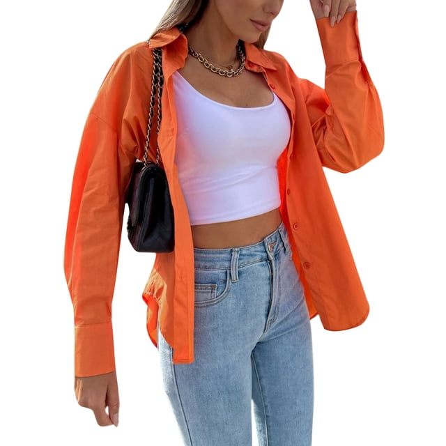 VISgogo Mujer Primavera Otoño Camisa Casual Color Sólido Manga Larga Solapa Botón Abajo Blusa VISgogo moda