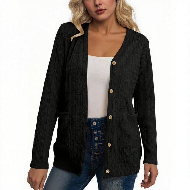 HAiming Womens Knit Cardigan Long Sleeve Button down V Neck Solid Color Lightweight Sweaters with Pockets