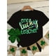 thumbnail image 1 of One Lucky Teacher" St. Patrick's Day Women's T-Shirt - Casual Crew Neck, Short Sleeve, Black with Colorful Shamrock Print, Polyester Blend, Machine Washable, Festive Attire|Glittery Text Design|Stret, 1 of 7