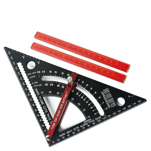 7 Inch Carpenter Square, Hip Val Com Jack Cuts, 80 Adjustable Angle Triangle Ruler with 2 Pencils, Aluminum Alloy Triangle Square, Rafter Square for Woodworking, Roofing