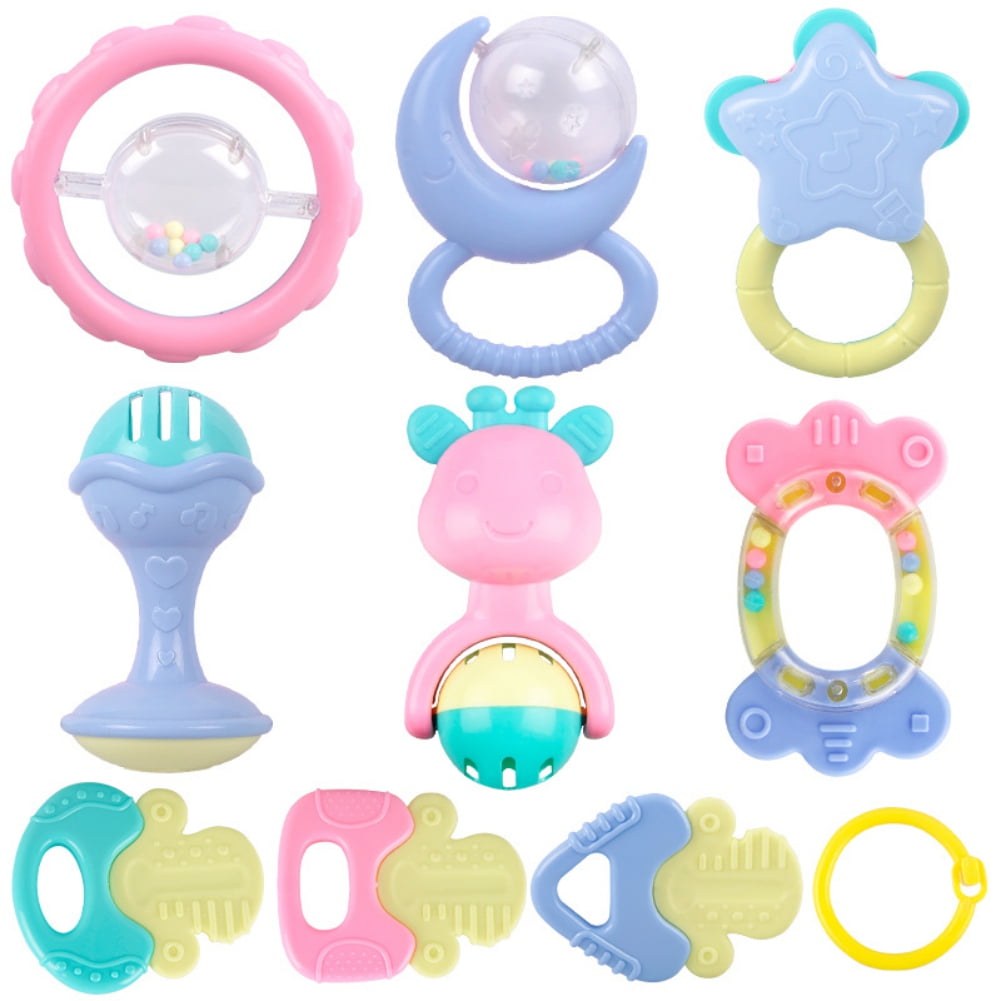 Teething Toy Baby Gift Ring Handbell Rattle Newborn Sensory Wooden Teether Kid C 