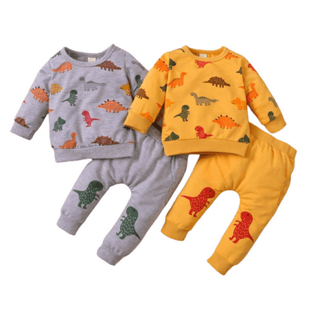 

2 Pack Toddler Baby Boy Clothing Sets Little Dinosaur Space Printed Long Sleeve Tops and Pants Kids Outfits