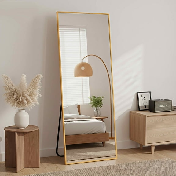 MAYEERTY 57x20in Aluminum Full-Length Mirror, Right Angle Tempered Glass With Stand, Gold