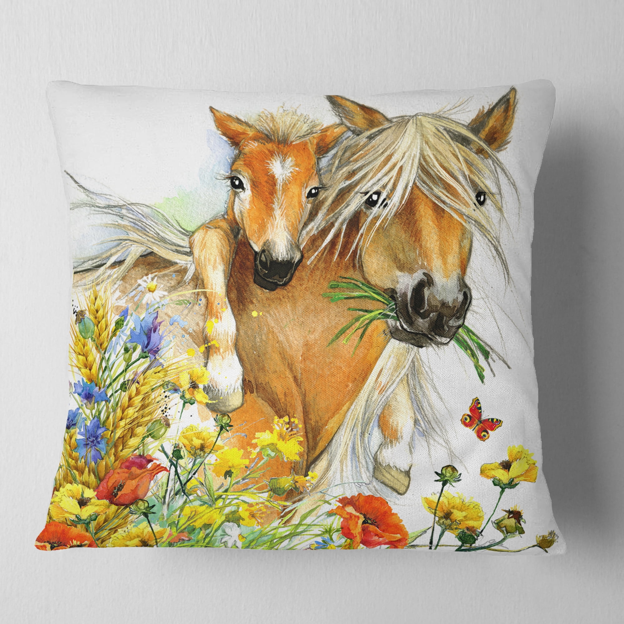 Designart Horse and Foal with Flowers - Animal Throw Pillow - 16x16