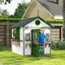 Outsunny Playhouse for Kids Outdoor, Wooden Playhouse with Doors, Windows, Planter Pots and Boxes for Toddlers 3-8 Years, Backyard, Indoor, White
