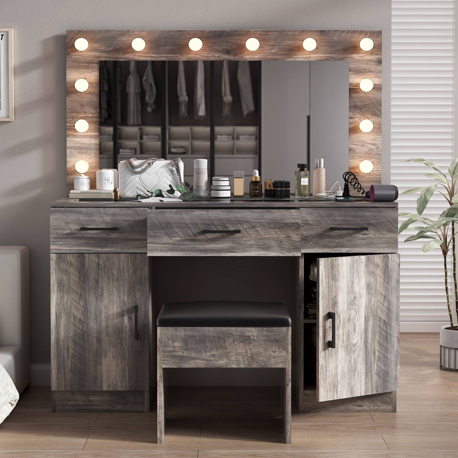 Ktaxon Large Makeup Vanity, Get Ready with Me GRWM Vanity Table Set w/ Visible Glass Top w/ Charging Station, Gray