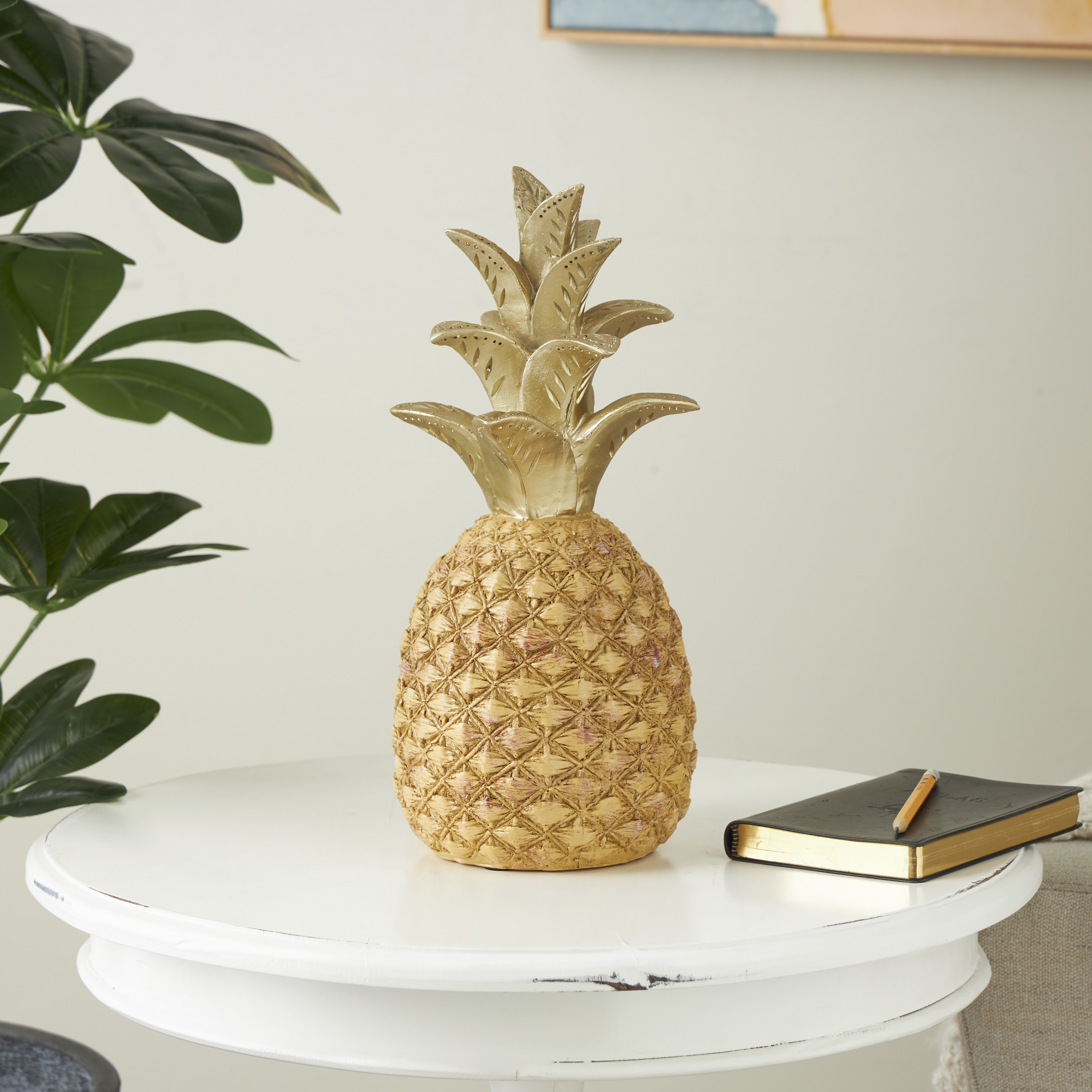 6" x 13" Gold Resin Textured Pineapple Fruit Sculpture with Carved Gold Top, by DecMode
