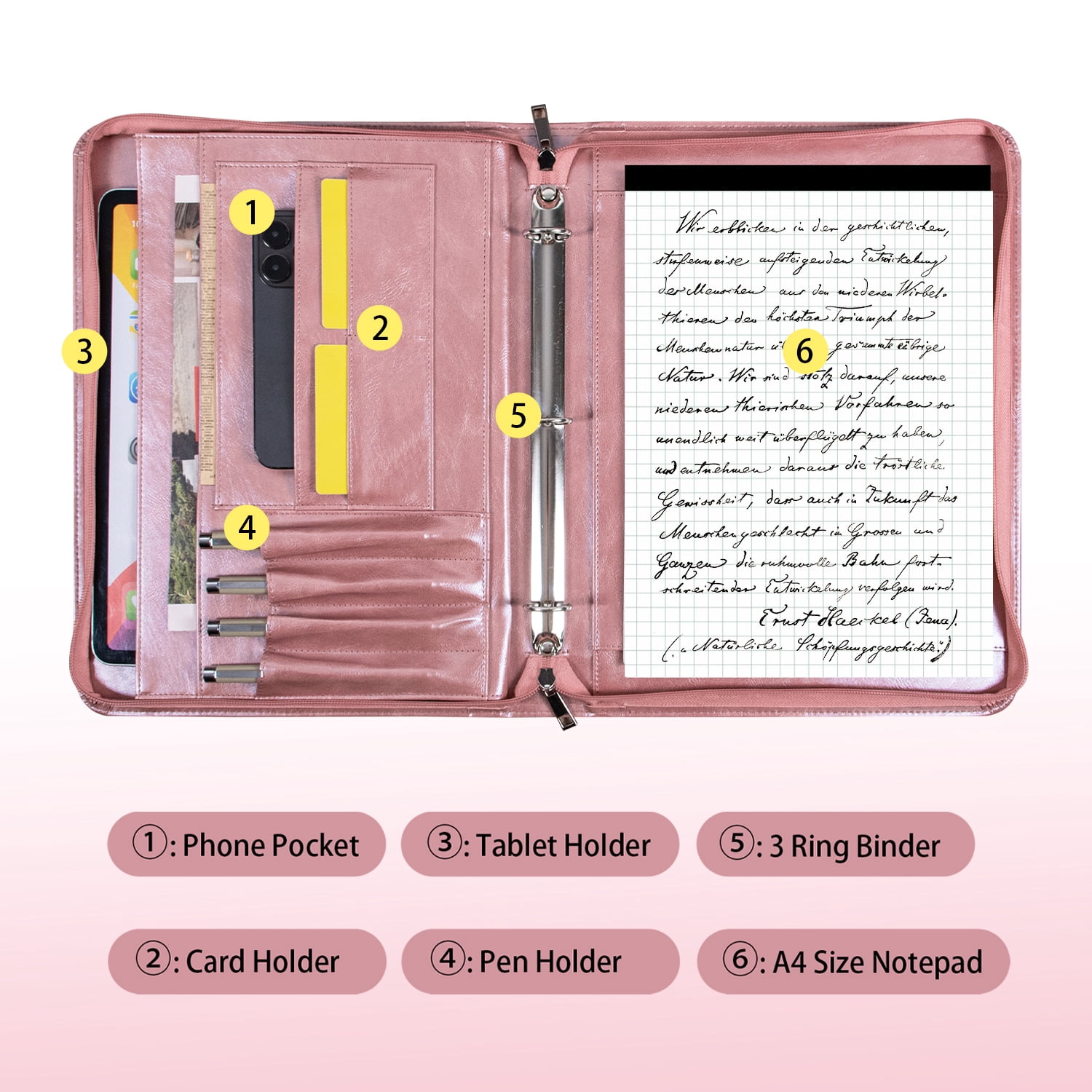 Zipper Binder Portfolio for Women, 3 Ring Binders 1 inch, PU Leather Padfolio Folder, Business Portfolio Organizer with A4 Legal Pads, Thin Leather Professional Binder, Gift for Her, Rosegold