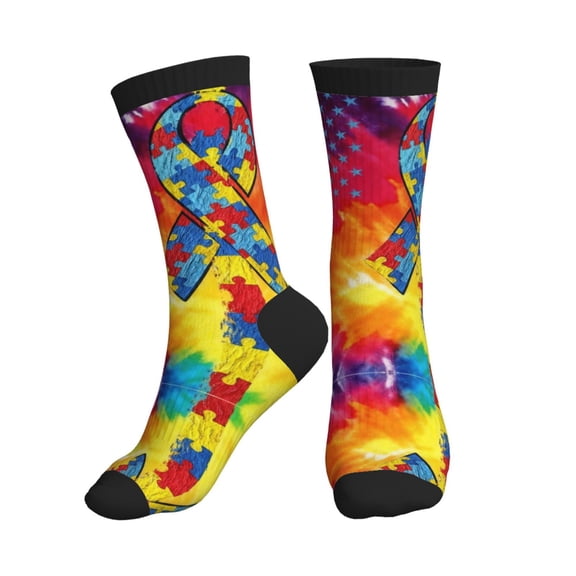 Women's Men's Autism Awareness Puzzle Flag Colorful Novelty Pattern Crew Athletic Socks