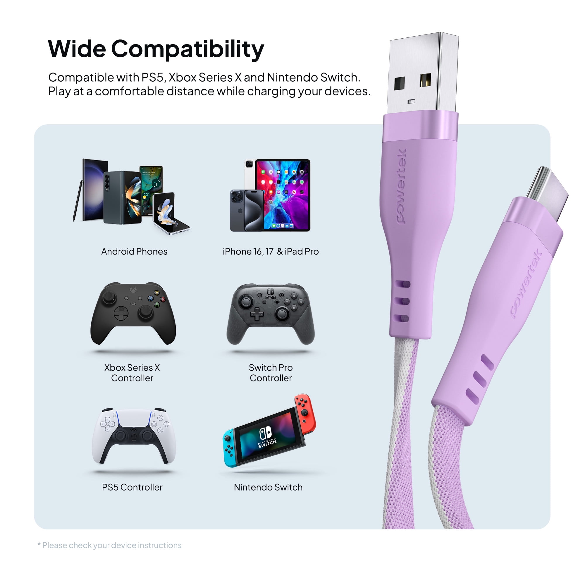 Powertek USB-A to USB-C Two-Tone Pastel Fast Charge Cable, 6 ft, Purple