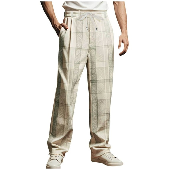 Hvot&aat Men's Retro Prints Pants Business Casual Straight Type Trousers Drawstring Outdoor Pants