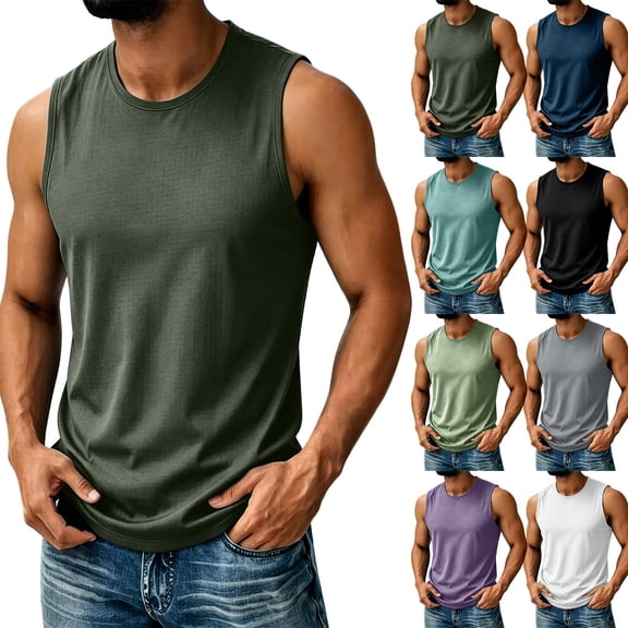 Men's Casual Sports Ice Silk Tank Top Sleeveless Crewneck Quick Dry Breathable Cooling Sun Protection T-Shirt Muscle Vest Summer Gym Workout Fashion Essential | JASKFLY,Army Green L