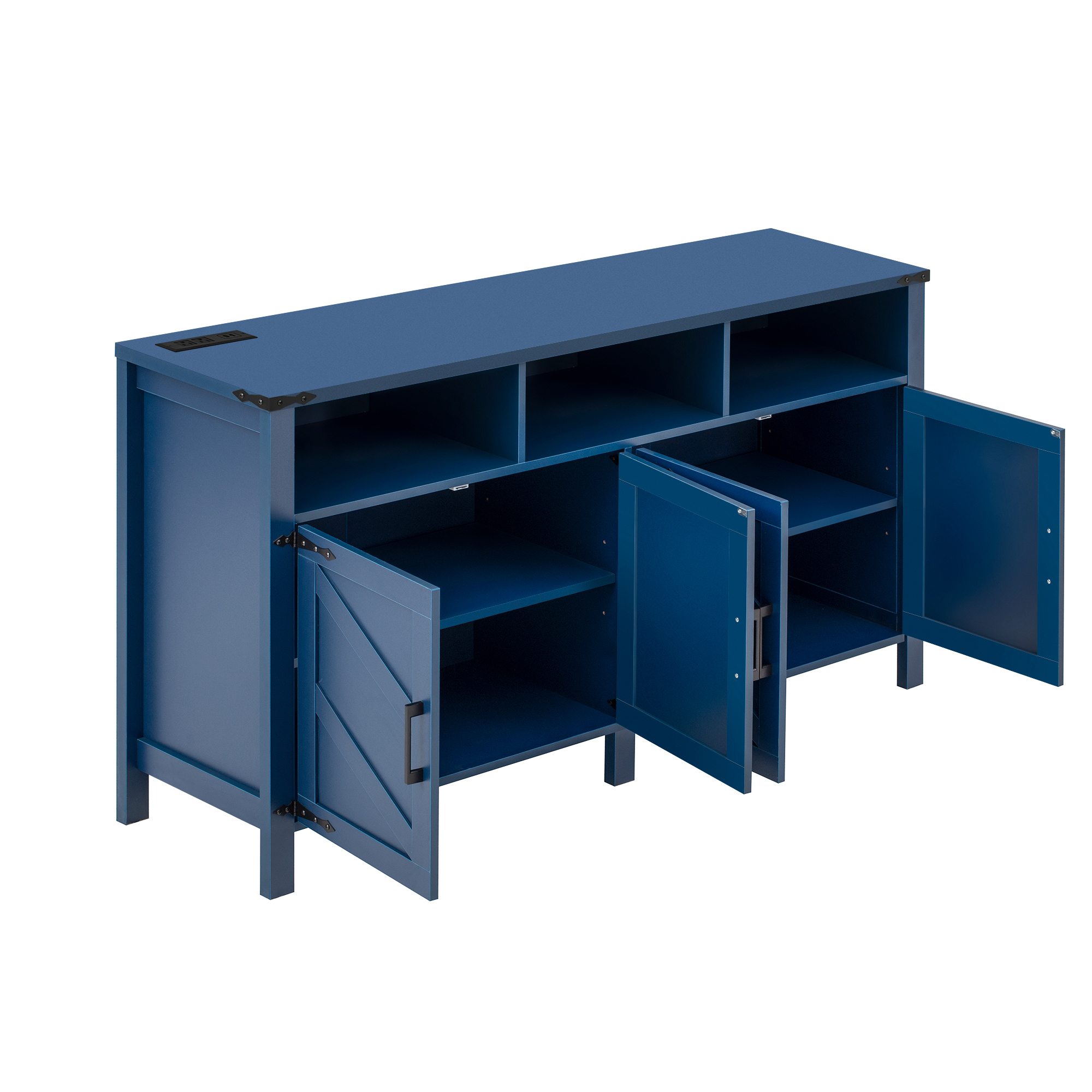 Euroco 59" Large Sideboard Buffet Cabinet with Storage, Wood Coffee Bar Station with Charging Station,Adjustable Shelves and Open Storage Shef for Living Room,Dining Room,Navy Blue