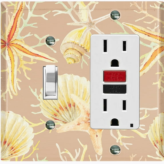 Metal Light Switch Wall Plate Outlet Cover (Ocean Sea Star Fish Shell Coral Clam Beige - Single Toggle Single Rocker)