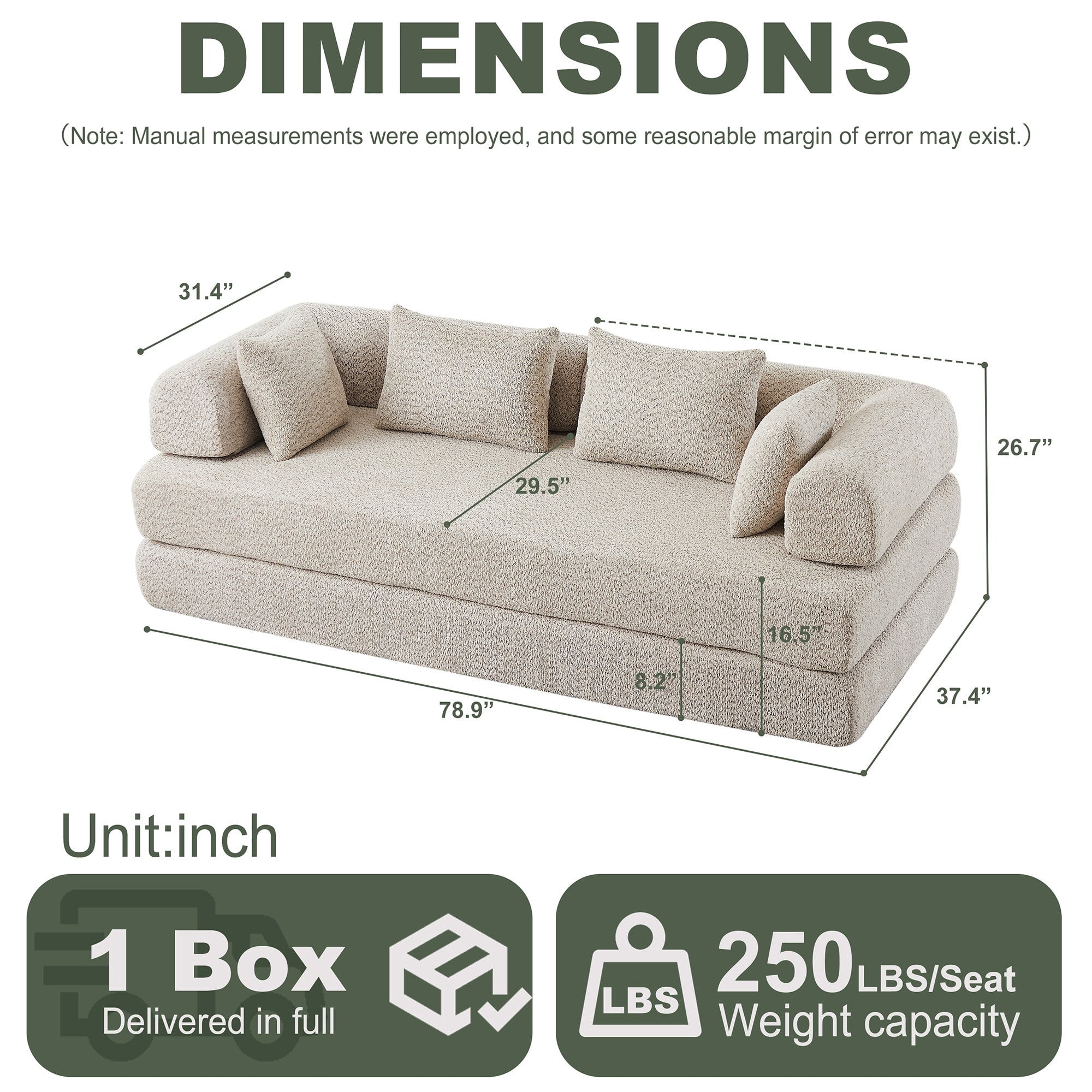 Sailvan 78.9" Convertible Sleeper Sofa, Modular Chenille Folding Mattress Sofa Bed with 4 Pillows, No Assembly Floor Lounge for Living Room khaki