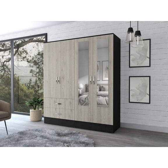 Miekor Furniture Florencia L Mirrored Armoire, Two Cabinets With Divisions,Black and Light Grey 72911