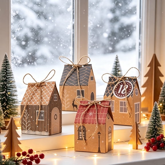 24 PCS Christmas Kraft Paper Gift Boxes, Xmas Candy House Style Goodies Treat Bags, Christmas Advent Calendar Gift Boxes with Number Stickers, Perfect for Xmas Party and Surprise Gifts