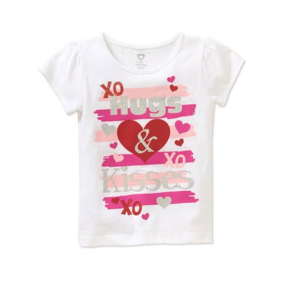 Toddler Girls White Glitter Hugs & Kisses Valentines Day T-Shirt Tee Shirt 4T