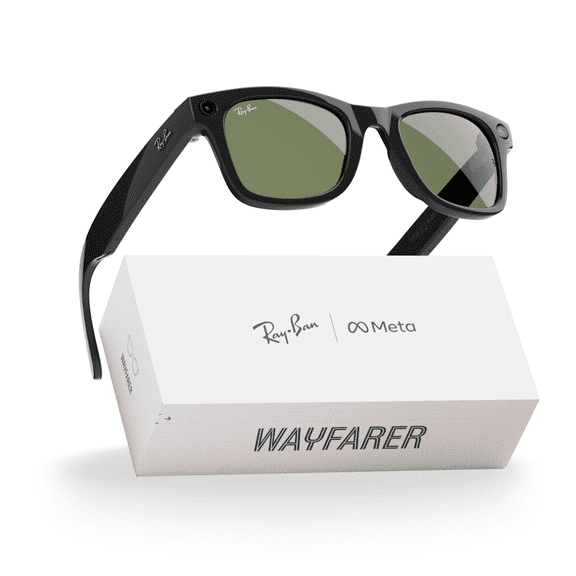 Ray-Ban Meta, Wayfarer Glasses with Meta AI, Audio, Photo, Video Compatibility, Shiny Black, Green Lenses, Regular Fit