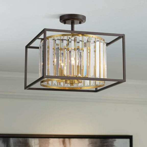 Possini Euro Design Milne 14" Modern Semi Flush-Mount Ceiling Light Fixture Kitchen Round 4-Light Brown Bronze and Brass Finish