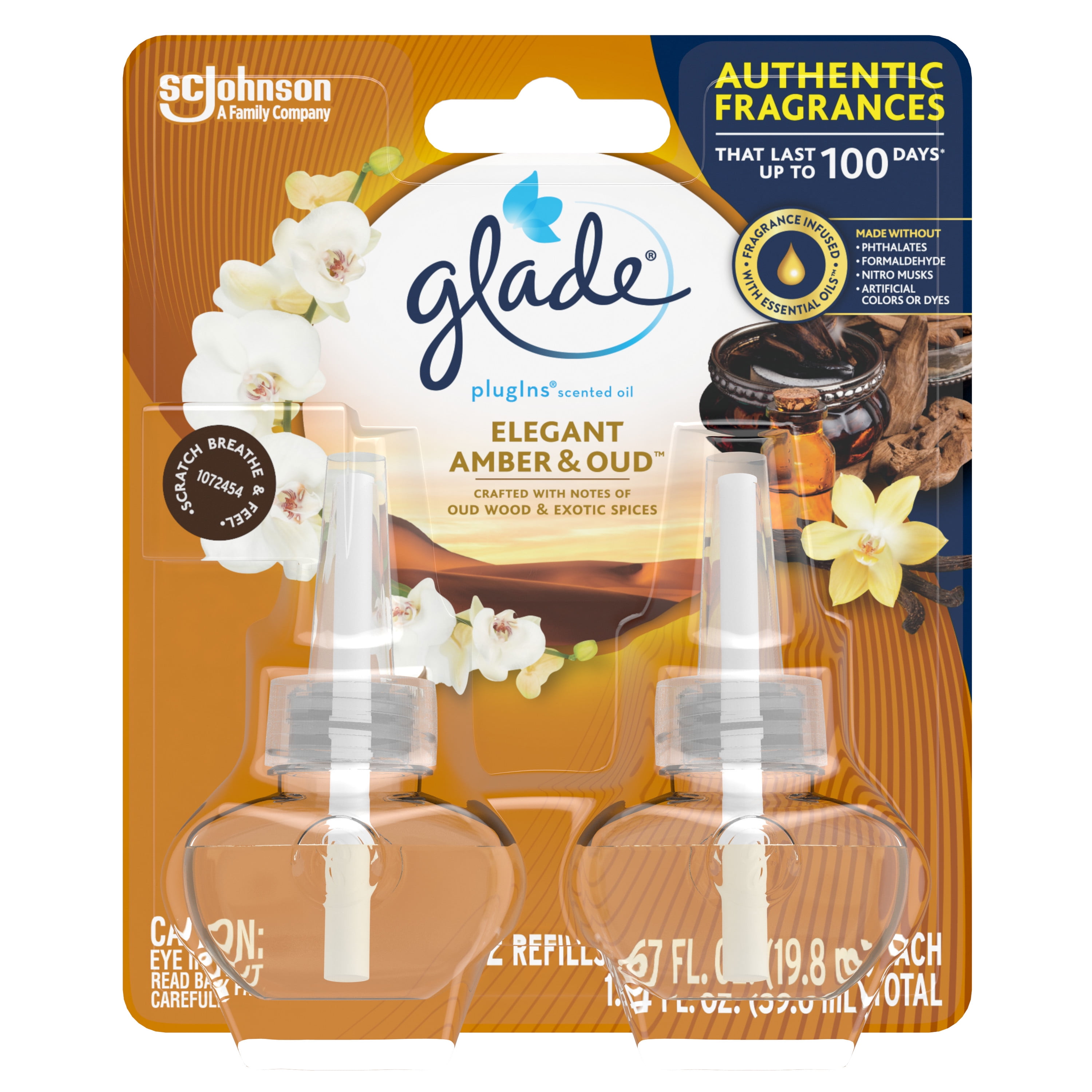 Glade PlugIns Refill 2 CT, Elegant Amber & Oud, 1.34 FL. OZ. Total