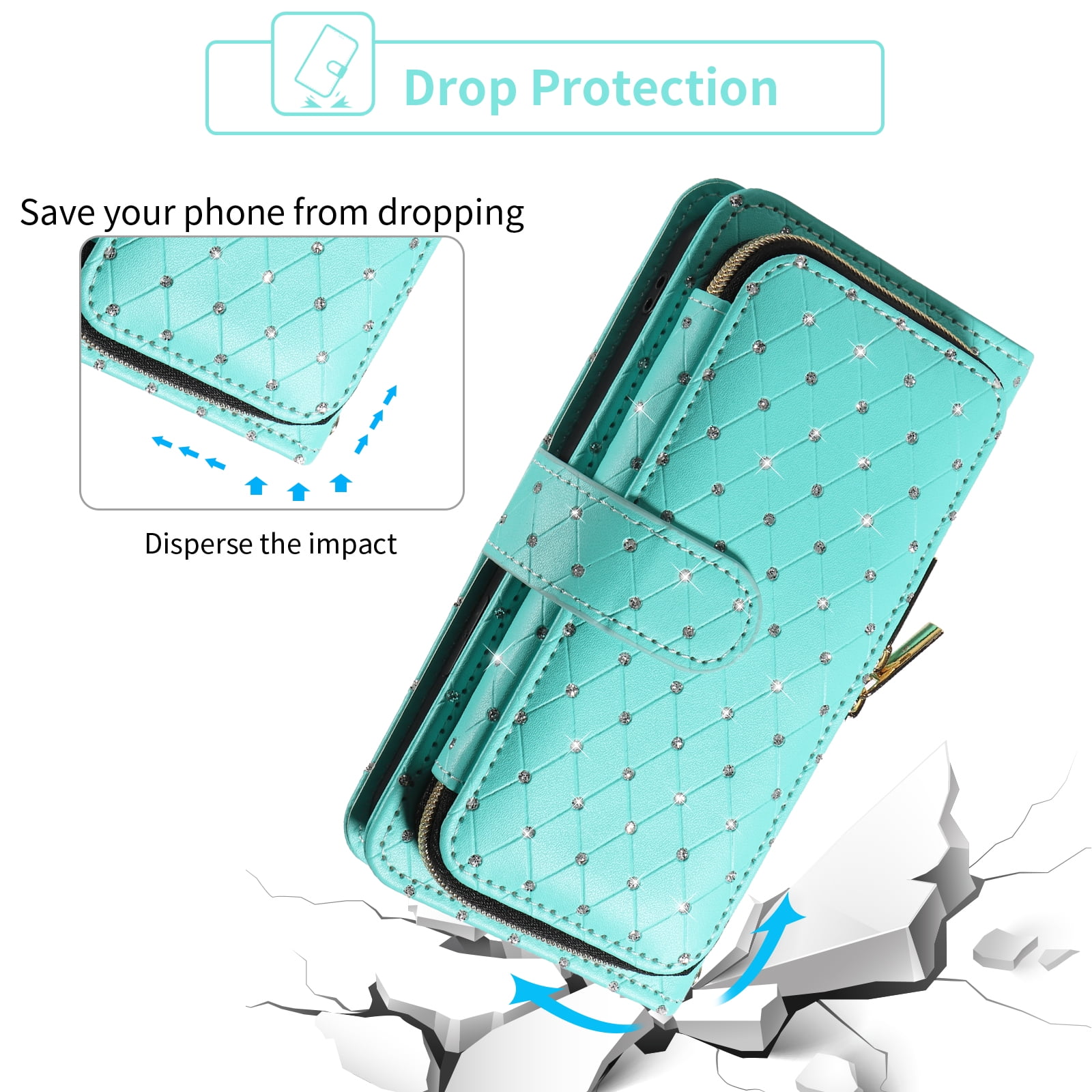 Compatible with Samsung Galaxy A13 5G Wallet Phone Case Tempered Glass Screen Protector Bling Glitter Crossbody Lanyard Strap Flip Zipper Purse Card Holder Cell Cover for A04S M13 A136U Women Green