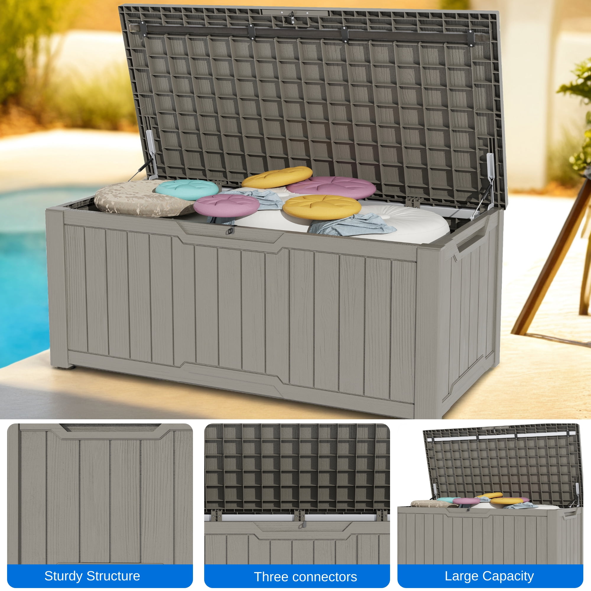 Uforic 100 Gallon Weatherproof Resin Deck Box, Lockable Outdoor Storage Solution in Light Brown