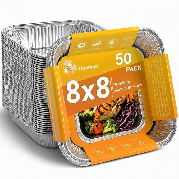 Treamon Disposable Aluminum Foil Pans, Square Aluminum Cake Pans, 8*8" 50 Count
