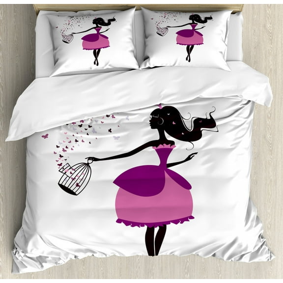 Princess Duvet Cover Set Queen Size, Graphic Silhouette of a Princess Girl Holding a Cage of Butterflies, Decorative 3 Piece Bedding Set with 2 Pillow Shams, Black Purple and Pink, by Ambesonne