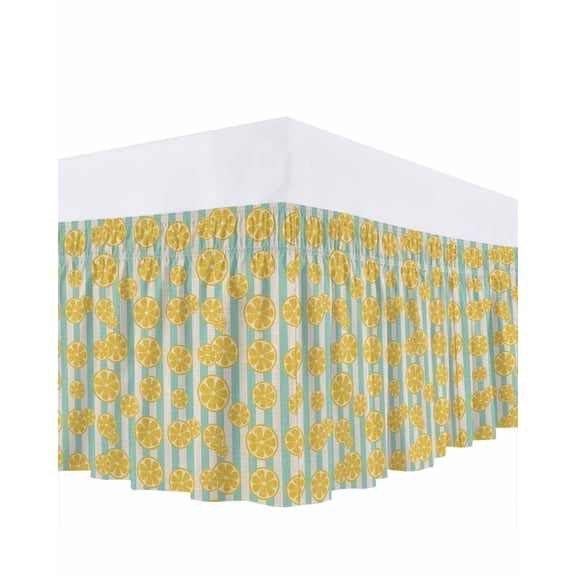 Yellow Lemon Bed Skirt King Size 16 Inch Drop, Teal Stripes Linen Background Wrap Around Dust Ruffle Bedskirts, Wrinkle & Fade Resistant Easy Fit Bedskirt with Adjustable Elastic