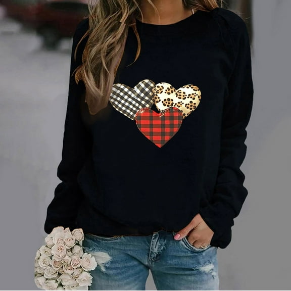 Women's Valentine's Day Sweatshirt, Leopard Print Heart Sweatshirt, Womens Long Sleeve Round Neck Sweatshirts Women's Fashion Long Sleeved Printed Sweatershirt Loose Tops