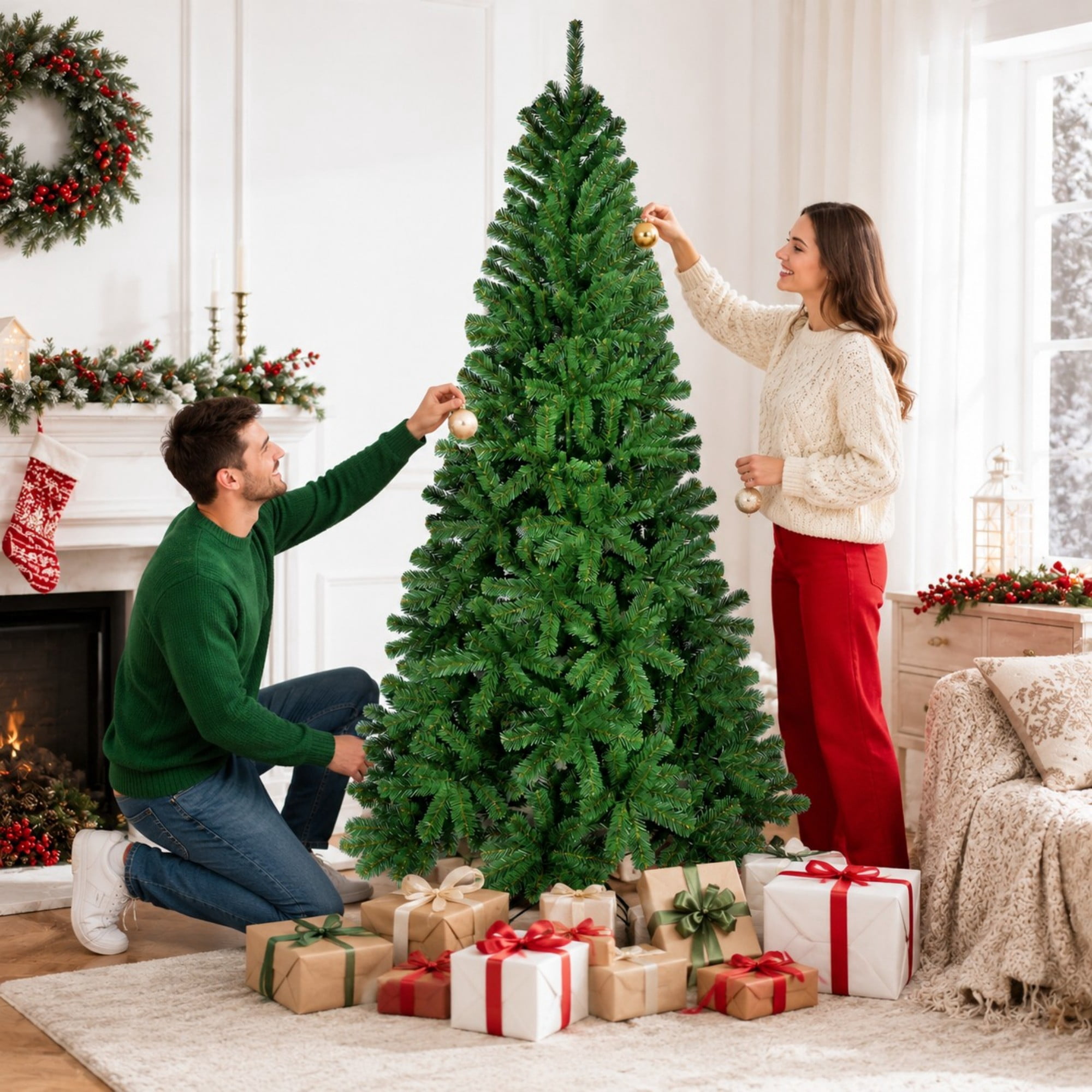DEALTOPS 6 FT Unlit Artificial Christmas Tree, 518 PVC Tips, Hinged Green Holiday Tree with Metal Stand