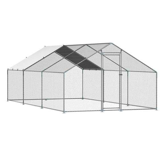 KFFKFF Metallic Poultry Enclosure, Dimensions 9.8x19.6x6.5 ft, Spacious Walk-in Design with Protective Cover, Cone Roof, Secure Locking System, Outdoor Housing for Ducks and Rabbits, Ideal for Farm