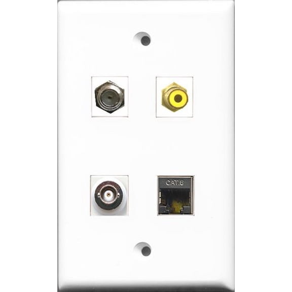 RiteAV 1 Port RCA Yellow and 1 Port Coax Cable TV- F-Type and 1 Port Shielded Cat6 Ethernet and 1 Port BNC Wall Plate