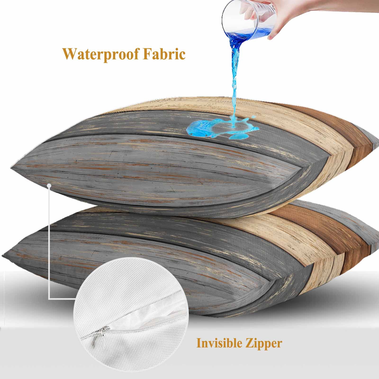 Outdoor Waterproof Throw Pillow Covers Set of 2 Gray Wood Grain Decorative Pillowcases Square Outdoor Pillows Cushion Case 18x18 Inch Rustic Retro Brown Wooden Patio Pillows for Couch Sofa Bed