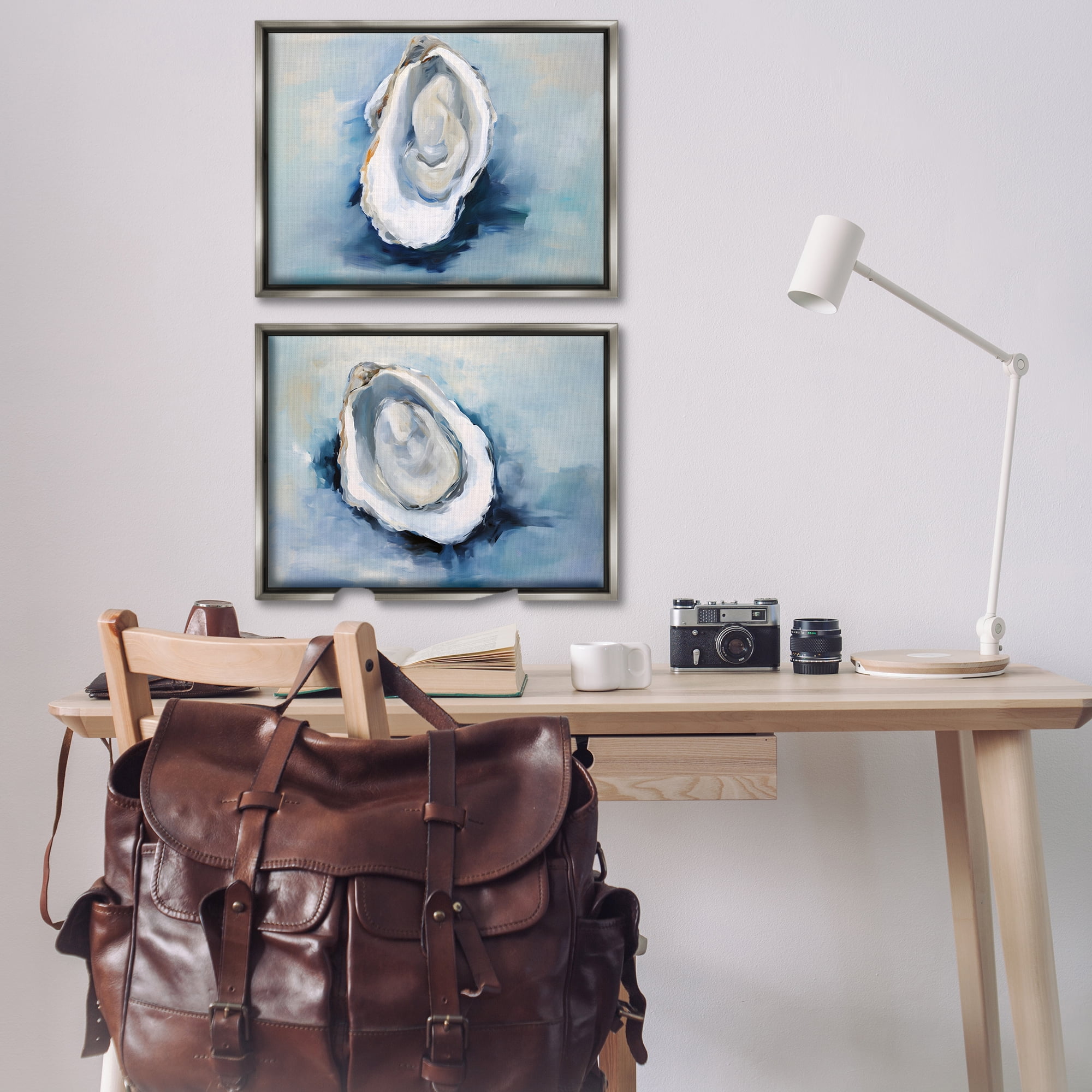 Stupell Industries Open Oyster Mollusk Shells Nautical & Beach Painting Gray Floater Framed Canvas Art Print Wall Art, 31 x 21, Set of 2