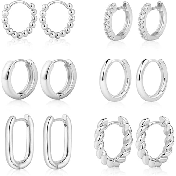 6 Pairs Small Hoop Earrings Set for Women, 14K Gold/Silver Plated Chunky Huggie Hoops, Hypoallergenic Lightweight Click-Top Earrings for Multiple Piercings, Everyday & Gift Jewelry