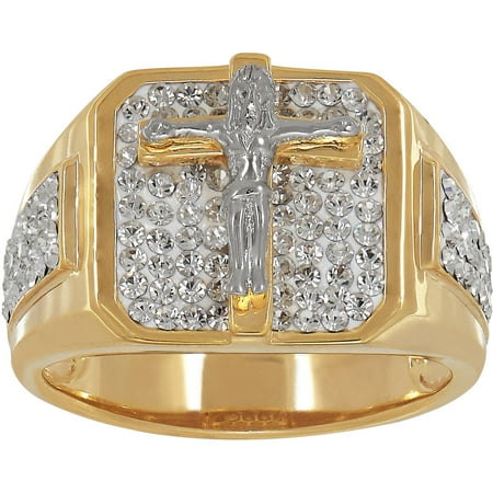 Men's Sterling Silver and 18kt Gold-Plated Center Square with Crucifix Cross and Crystal Ring, Size 11