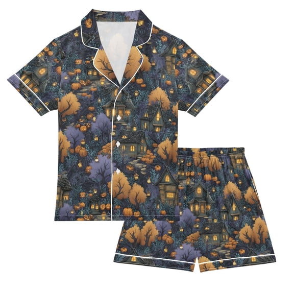 FORMRS Kids Short Sleeve Top and Pants Pajama Set Unisex Satin 2-Piece Sleepwear, Sizes 5-6Y, Halloween Houses Pattern