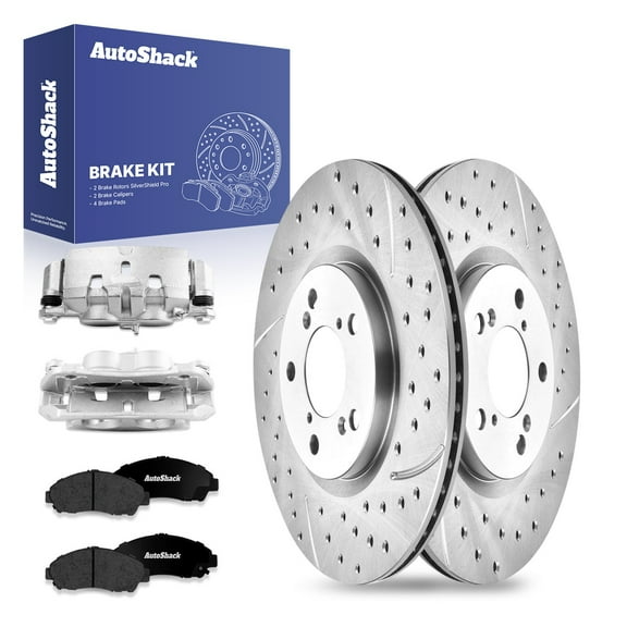 AutoShack Front Drilled & Slotted Brake Rotors Premium Ceramic Brake Pads Calipers | Replacement for 2009-2015 Honda Pilot 3.5L V6 AWD FWD | Zinc Coated | 8-PC Brake Kit | SilverShield Pro