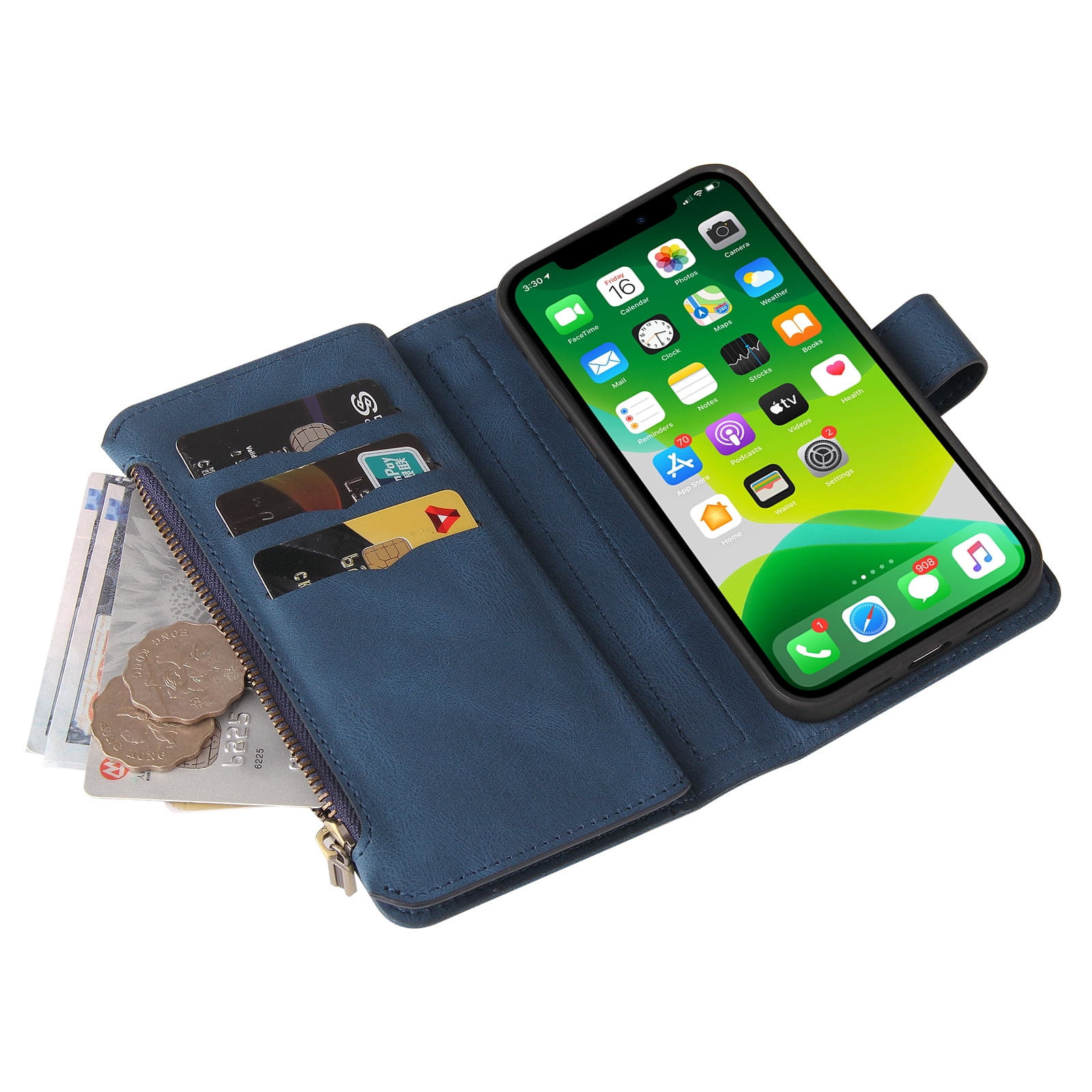 Wallet Case for iPhone 13, Magnetic Zipper Pouch Premium PU Leather with Kickstand Wallet Flip Shockproof Phone Case Wrist Strap Card Slots Holder Pocket iPhone 13,
Blue